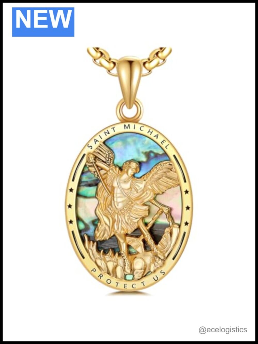 Sterling Silver St Michael Medal Necklace 18K Gold Plated Abalone Shell Pendant